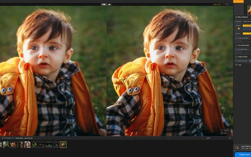 Photo editing interface showing outdoor portraits with comparison views and adjustment tools.