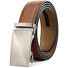 Brown and black leather dress belts displayed in various positions.