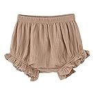 Beige ruffle trim baby bloomers and matching accessories laid flat against white background.