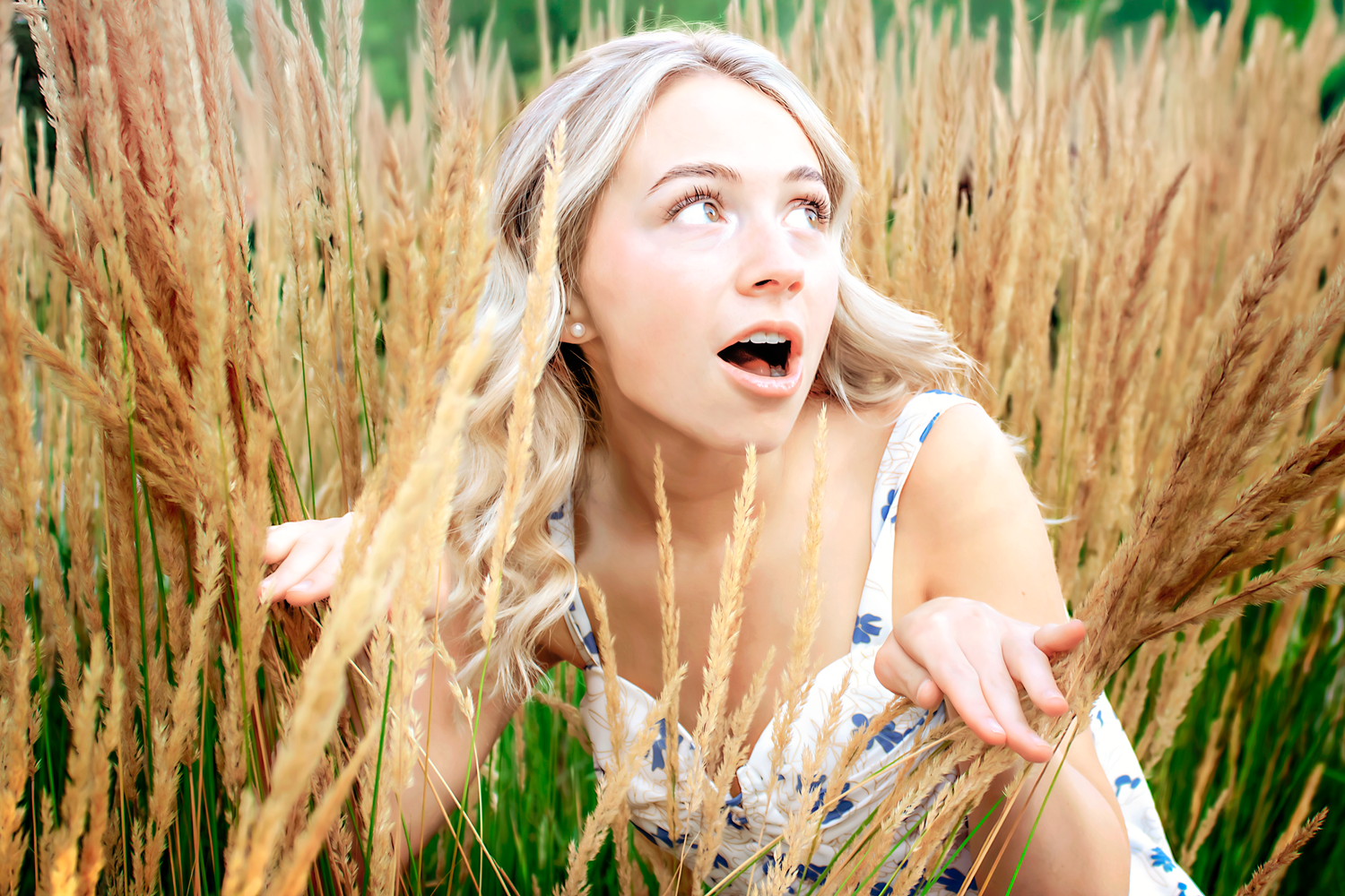 Artistic portrait among tall ornamental grasses with golden sunlight filtering through.