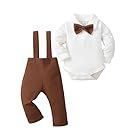 Formal baby clothing set in white and brown featuring bow tie and suspender details.