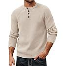 Collection of men's casual beige and cream colored sweaters and shirts displayed in a row.
