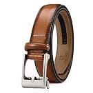 Collection of brown leather belts with silver buckles arranged horizontally.