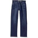 Set of classic dark blue denim jeans displayed in a horizontal lineup.