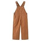 Brown corduroy overalls and matching clothing pieces arranged in a horizontal display.