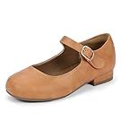 Row of tan leather ballet flats with decorative buckle details.