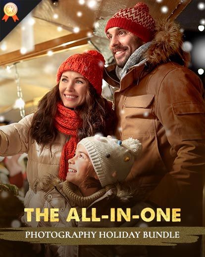 Winter photography marketing banner showing couple in red knit accessories with golden lighting effects.