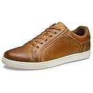 Brown leather casual sneakers and dress shoes displayed in a row.