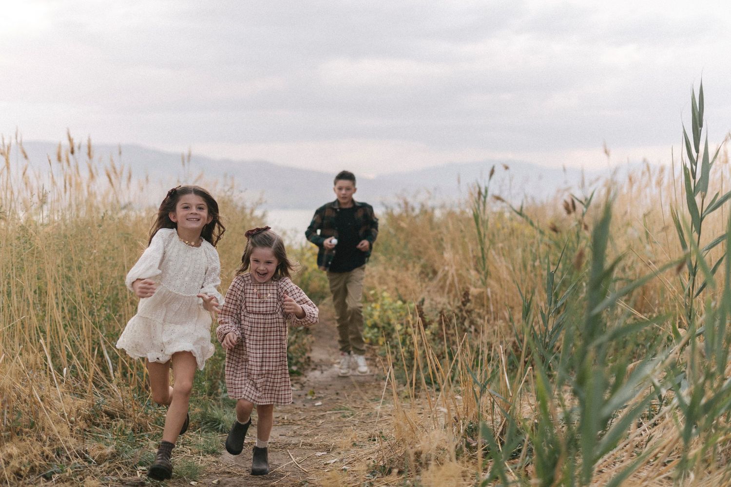 Family running and playing together through tall grass in a scenic outdoor setting.