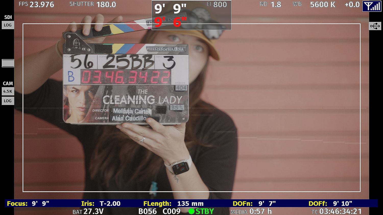Camera display showing technical settings and recording information.