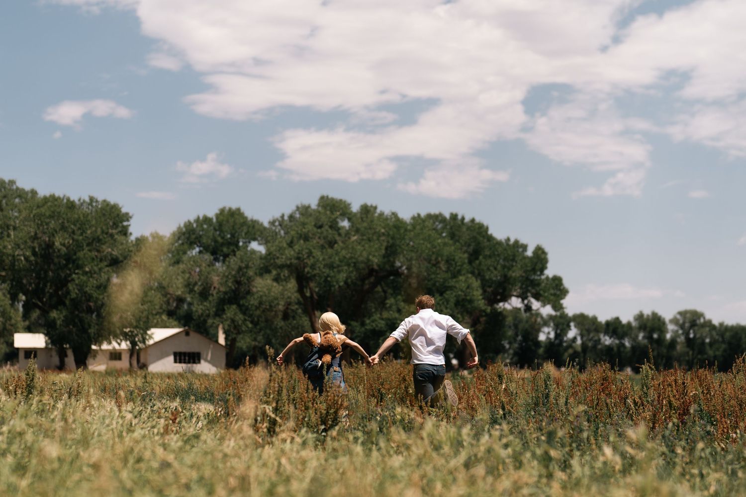 People walking through tall grass field on sunny summer day.