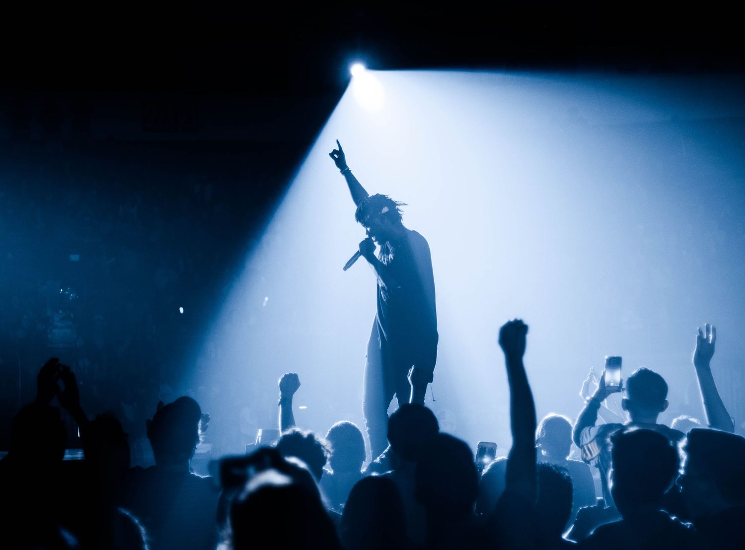 Silhouetted performer on stage with crowd raising hands during atmospheric concert performance.