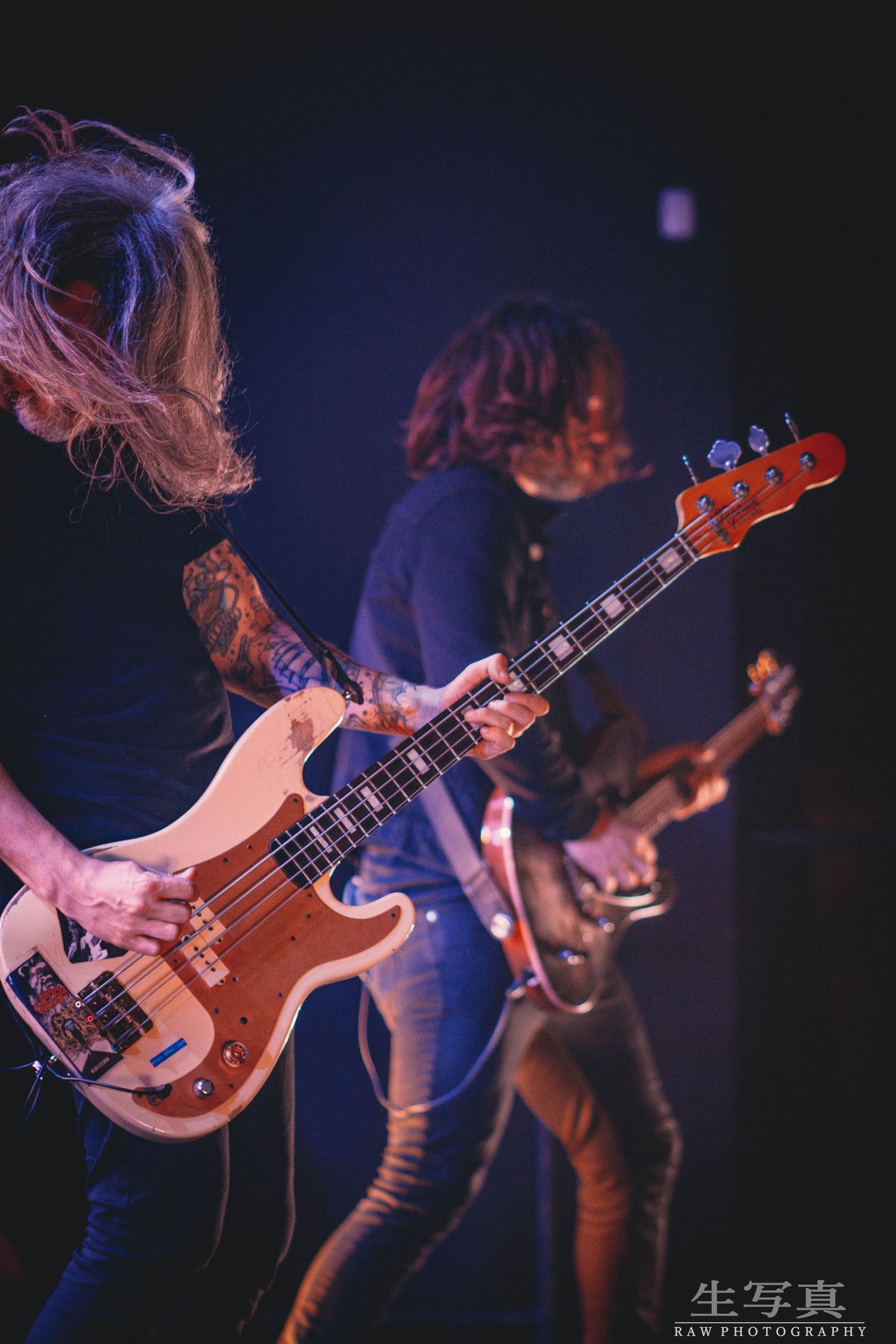 Close-up shots of bassist playing during concert with dramatic stage lighting.