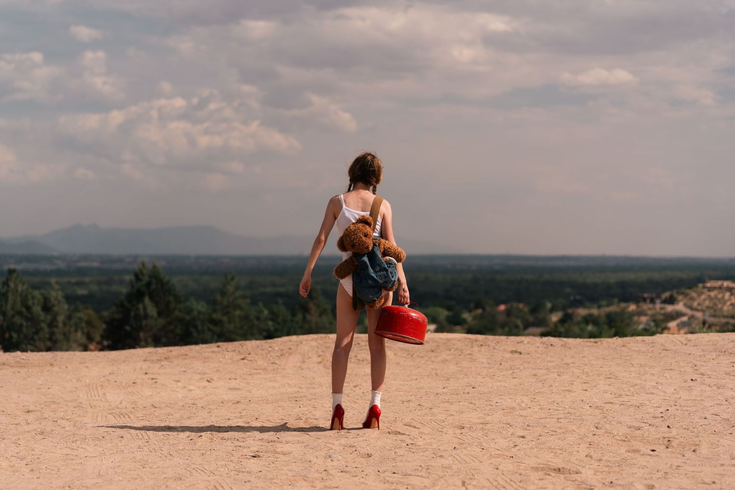 Person standing on cliff edge holding red equipment case with mountain vista in background.