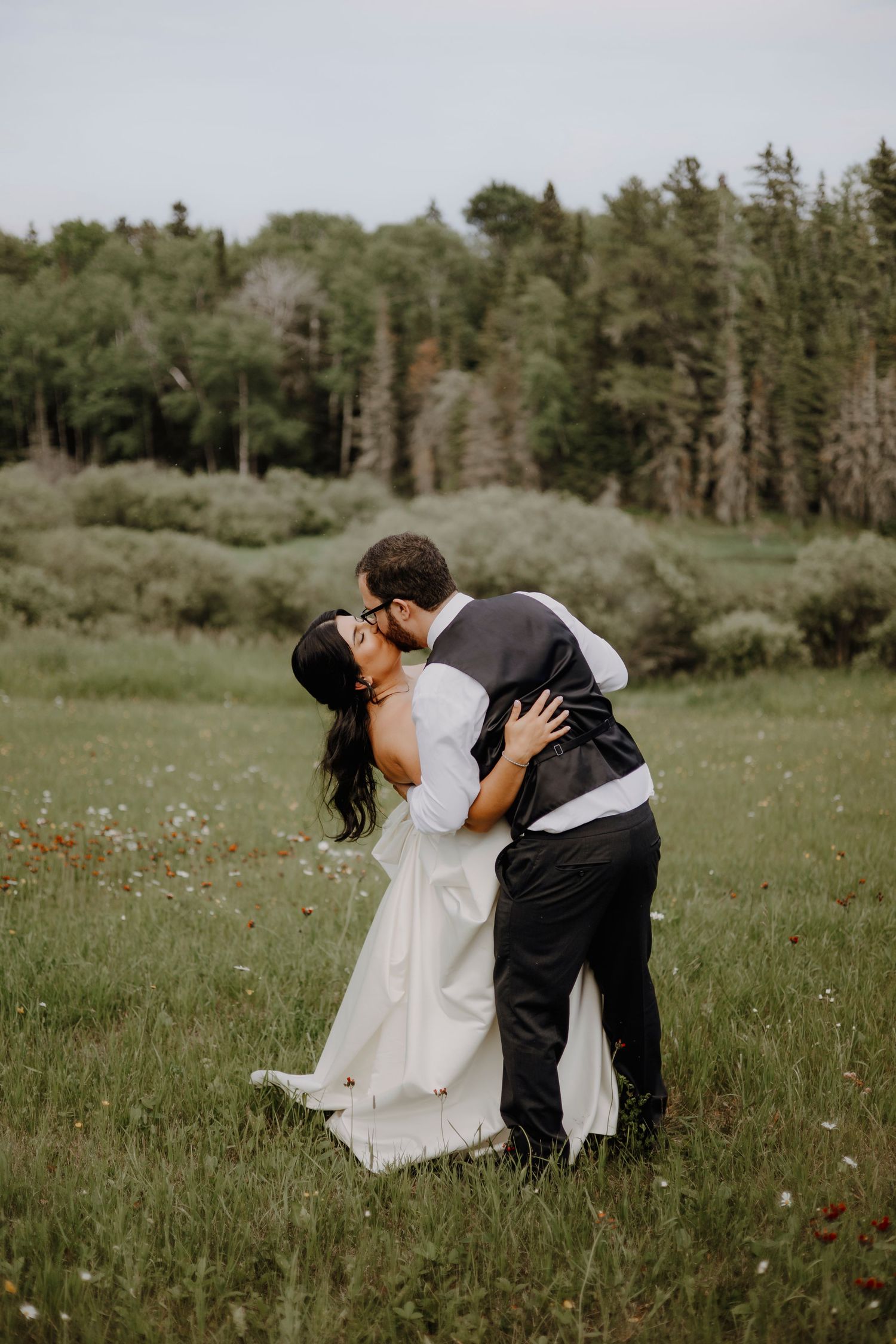 A romantic dip kiss in a meadow with pine trees in the background.