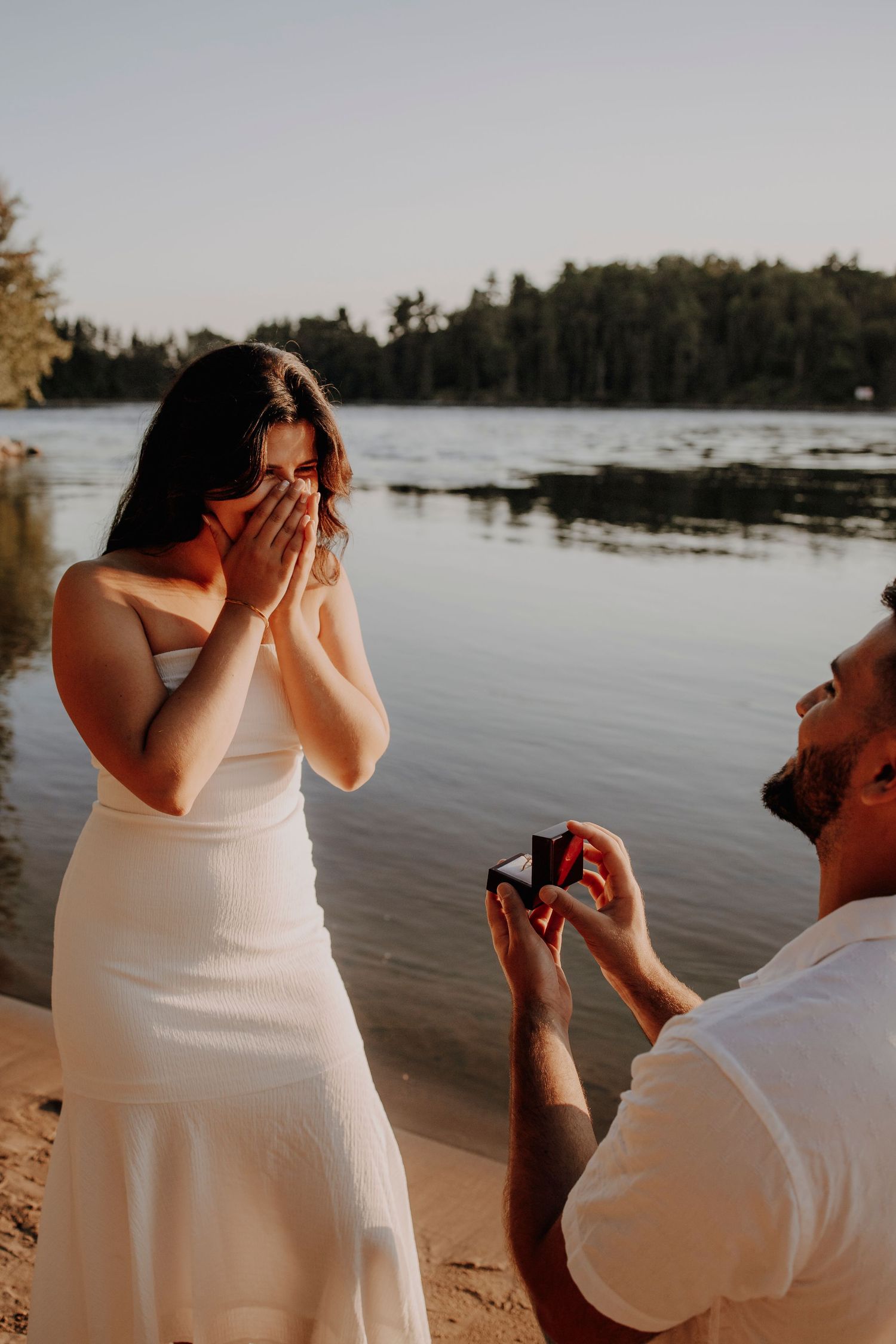 A beachside proposal scene at sunset with a romantic lakefront backdrop.