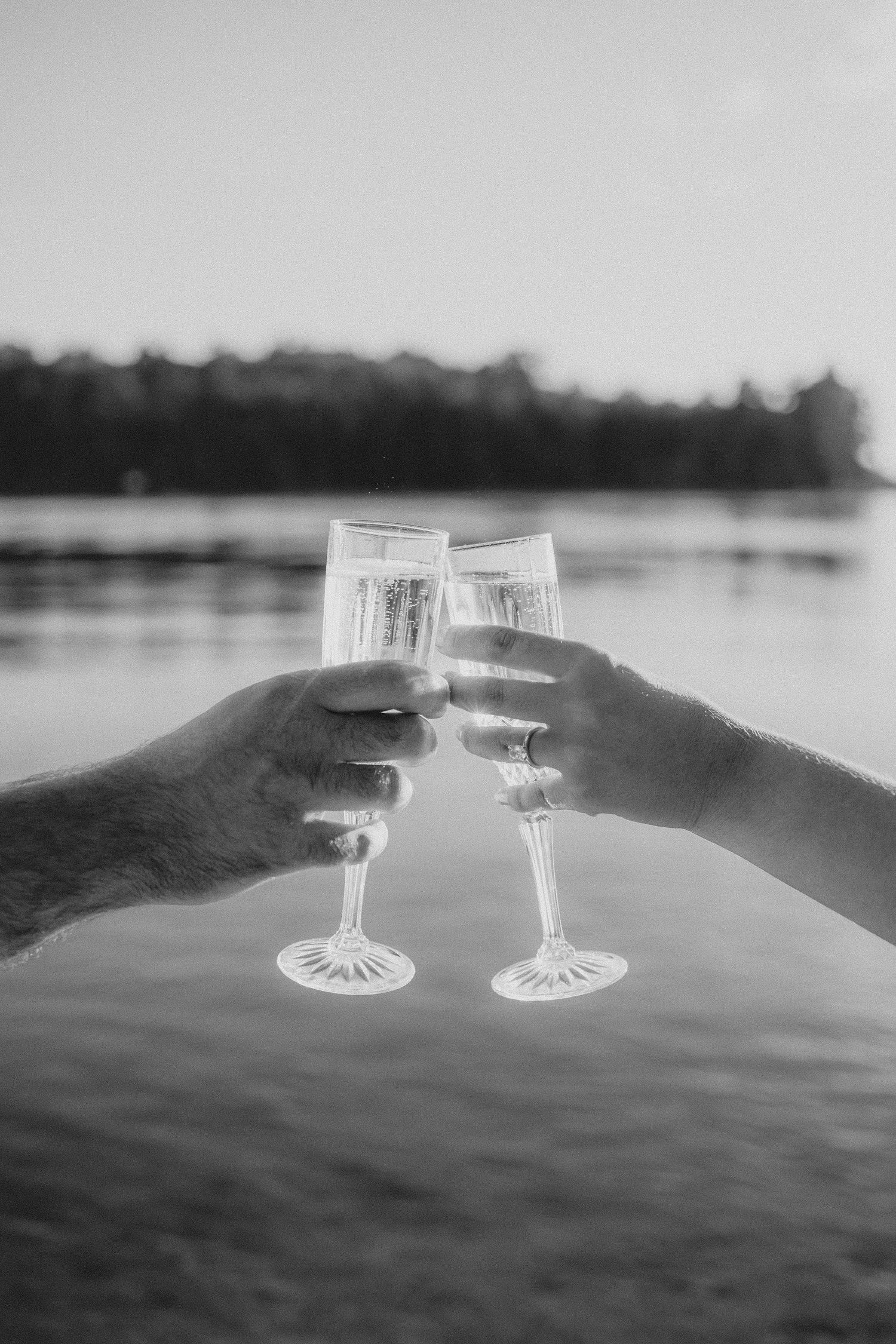 A black and white capture of champagne glasses clinking over water.