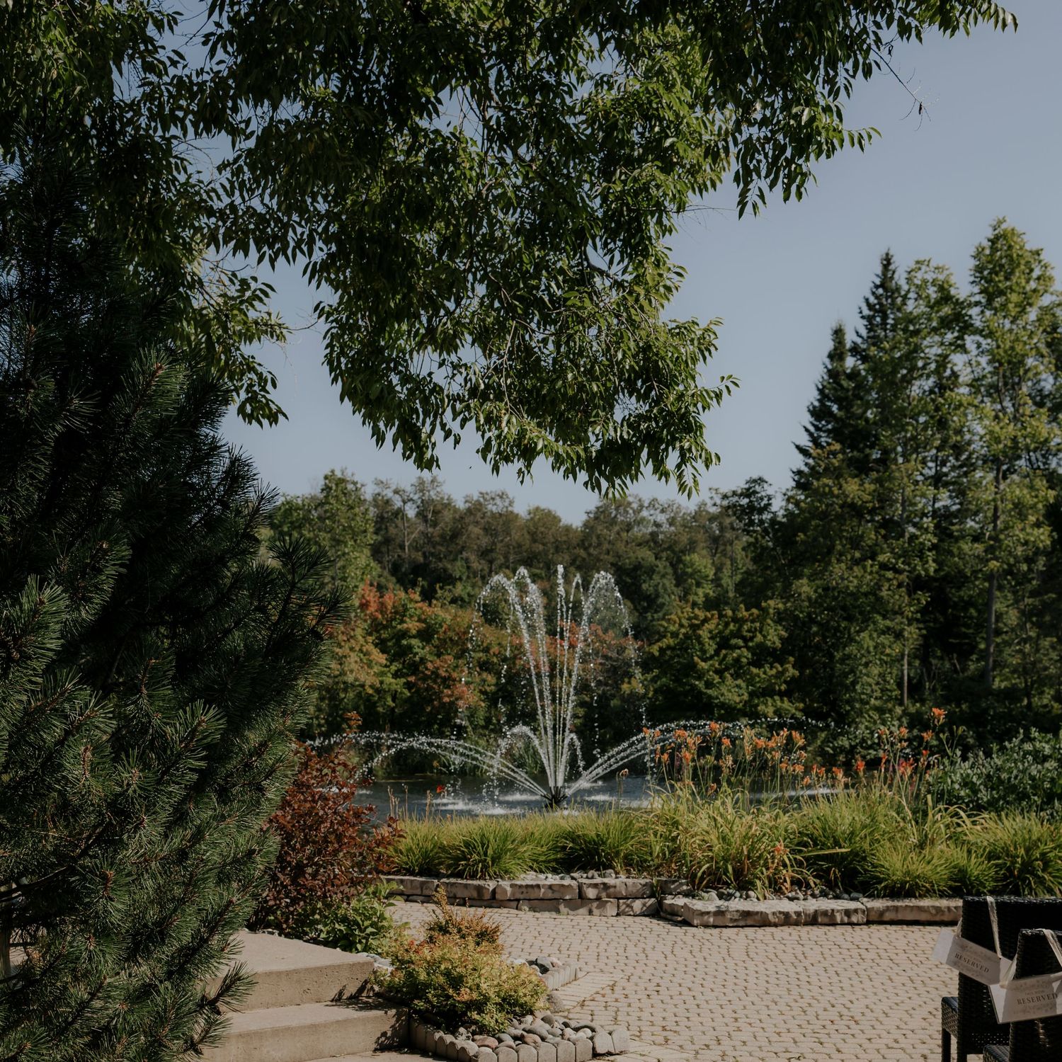 Outdoor garden venue with stone pathways and lush green trees in natural daylight.