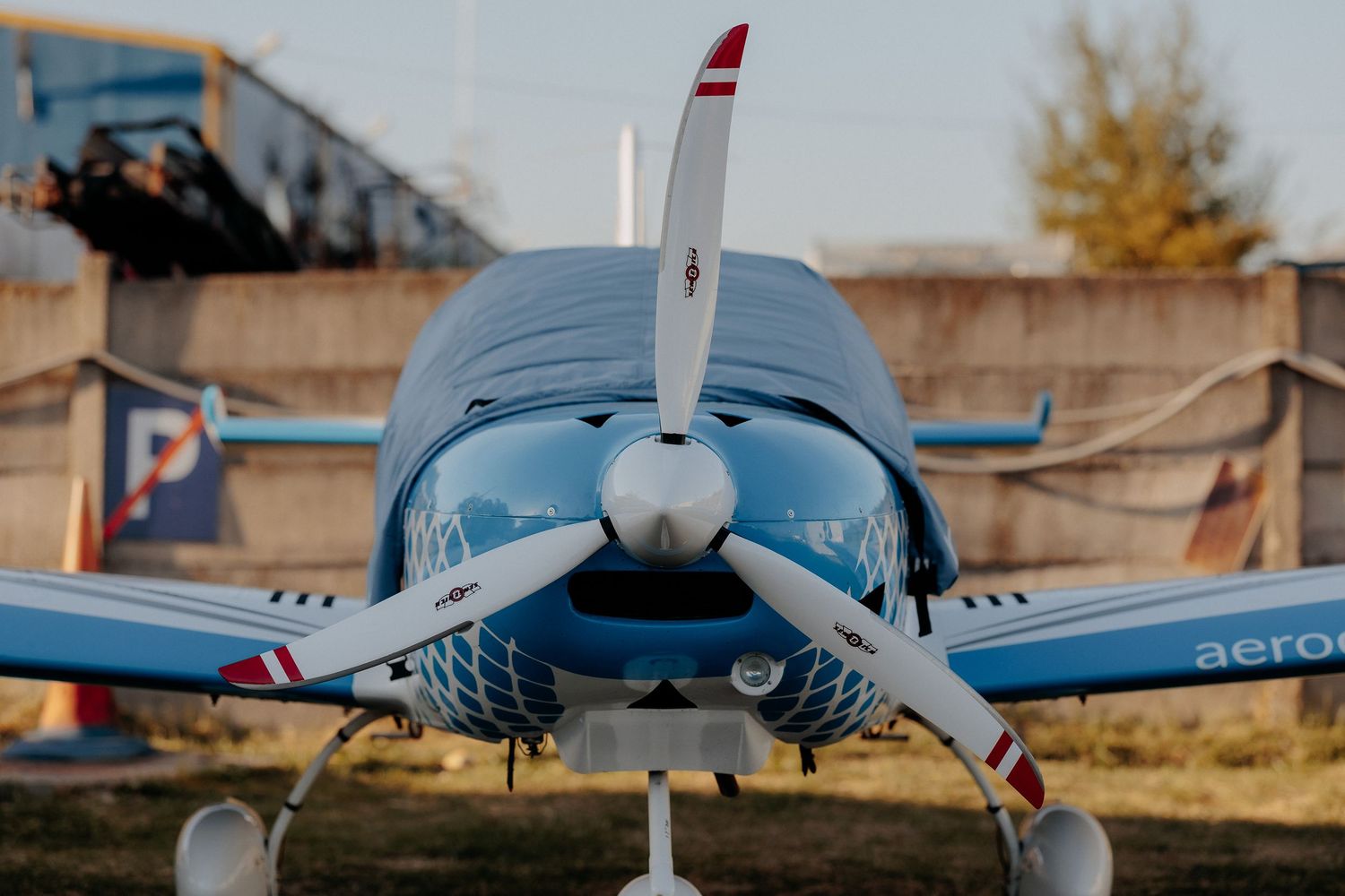 Botul unui avion de acrobație albastru cu model alb tip plasă și elice albă cu vârfuri roșii, parcat pe un aerodrom în lumina caldă a soarel