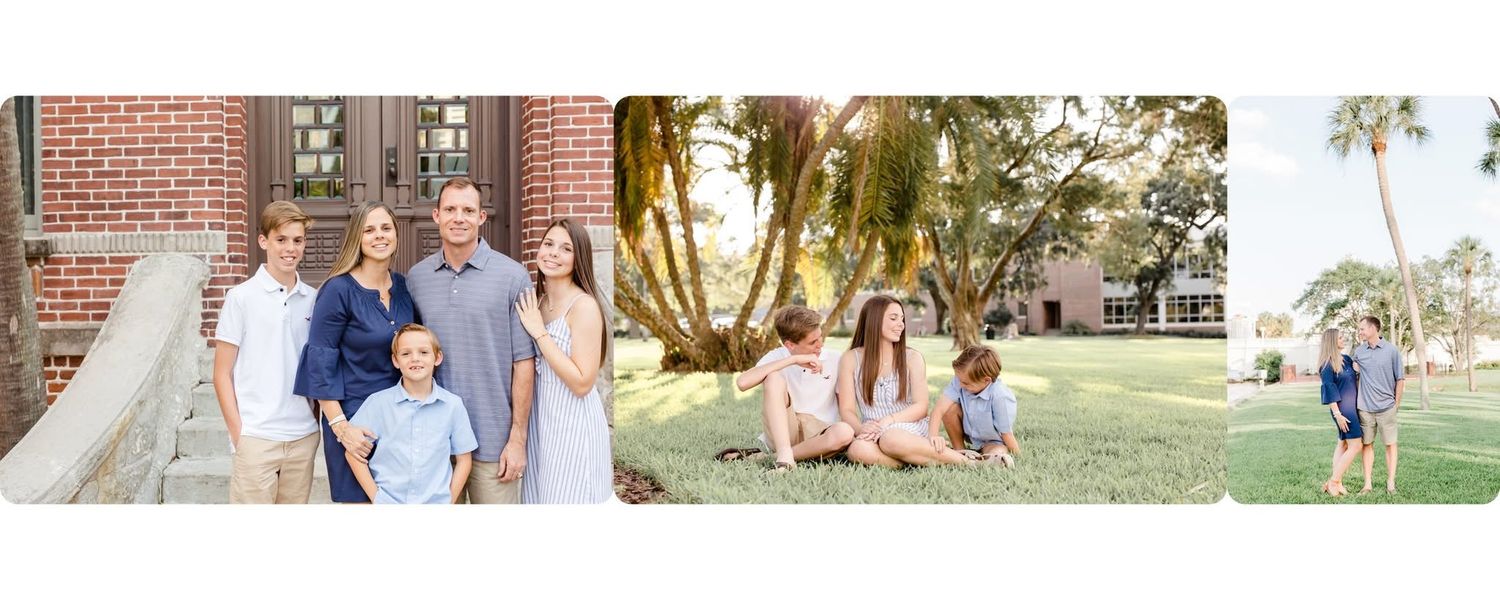 Engagement photo session on campus with brick buildings and garden settings.