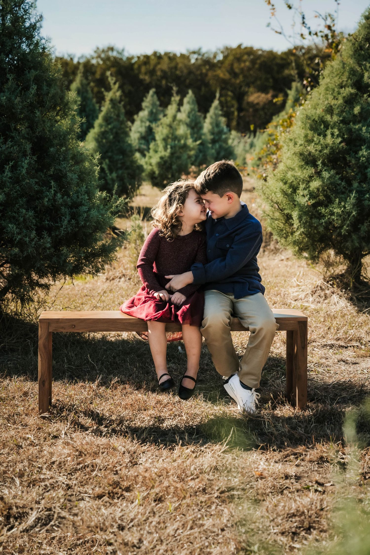 A couple sits together on a wooden bench in a sunny outdoor setting surrounded by greenery and dried grass.