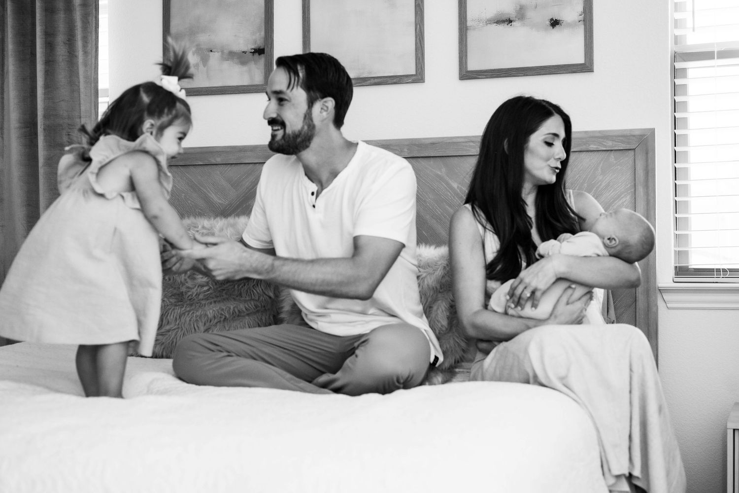 Series of tender moments between parents and their newborn baby on a comfortable couch.