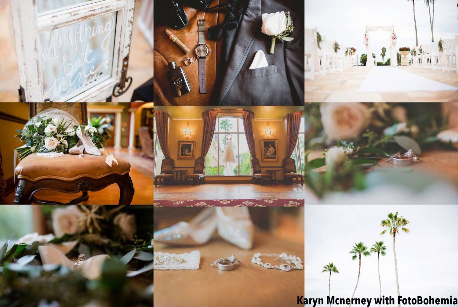 Wedding reception details with elegant place settings, floral arrangements, and romantic lighting at dusk.