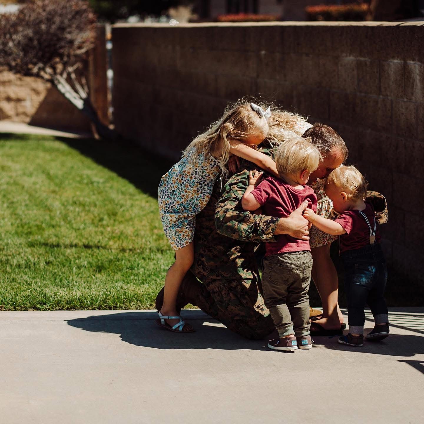 Candid moments of people playing and interacting on grass in warm sunlight. Homecomings for military families