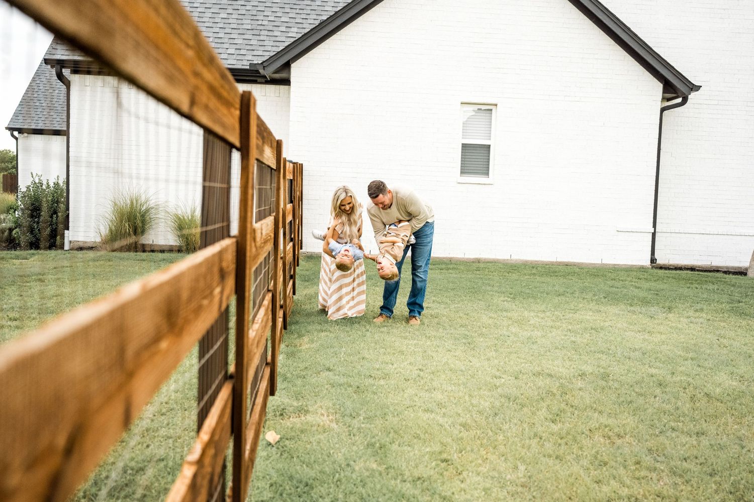 A wooden fence stretches across a grassy yard with white buildings visible in the background.