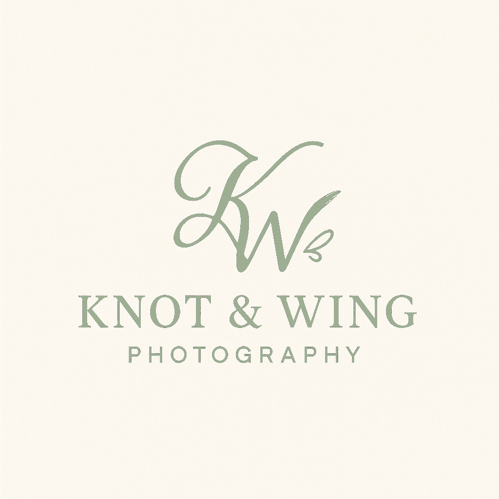 Knot & Wing Photography logo featuring elegant green script KW monogram with floral accent on cream background.
