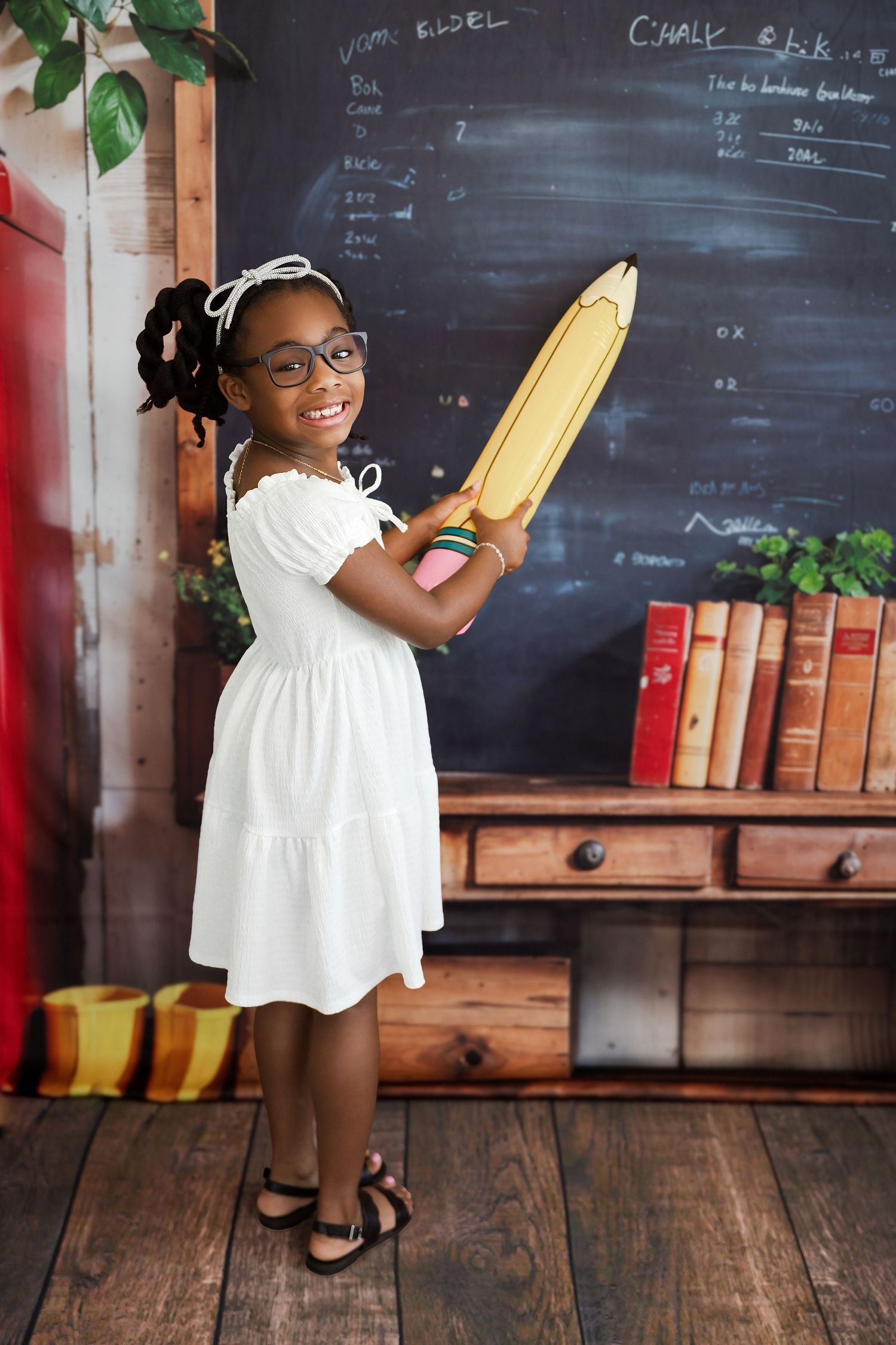 A young Black girl in a white dress and glasses holds a giant pencil in front of a chalkboard classroom backdrop.