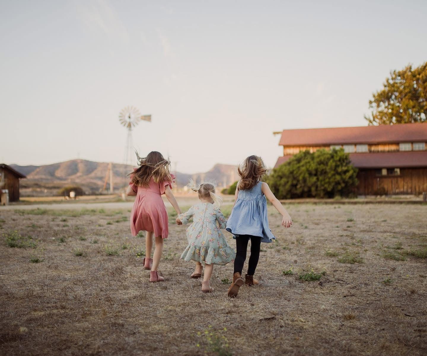 People walking together through an open field at sunset. Siterly ove
