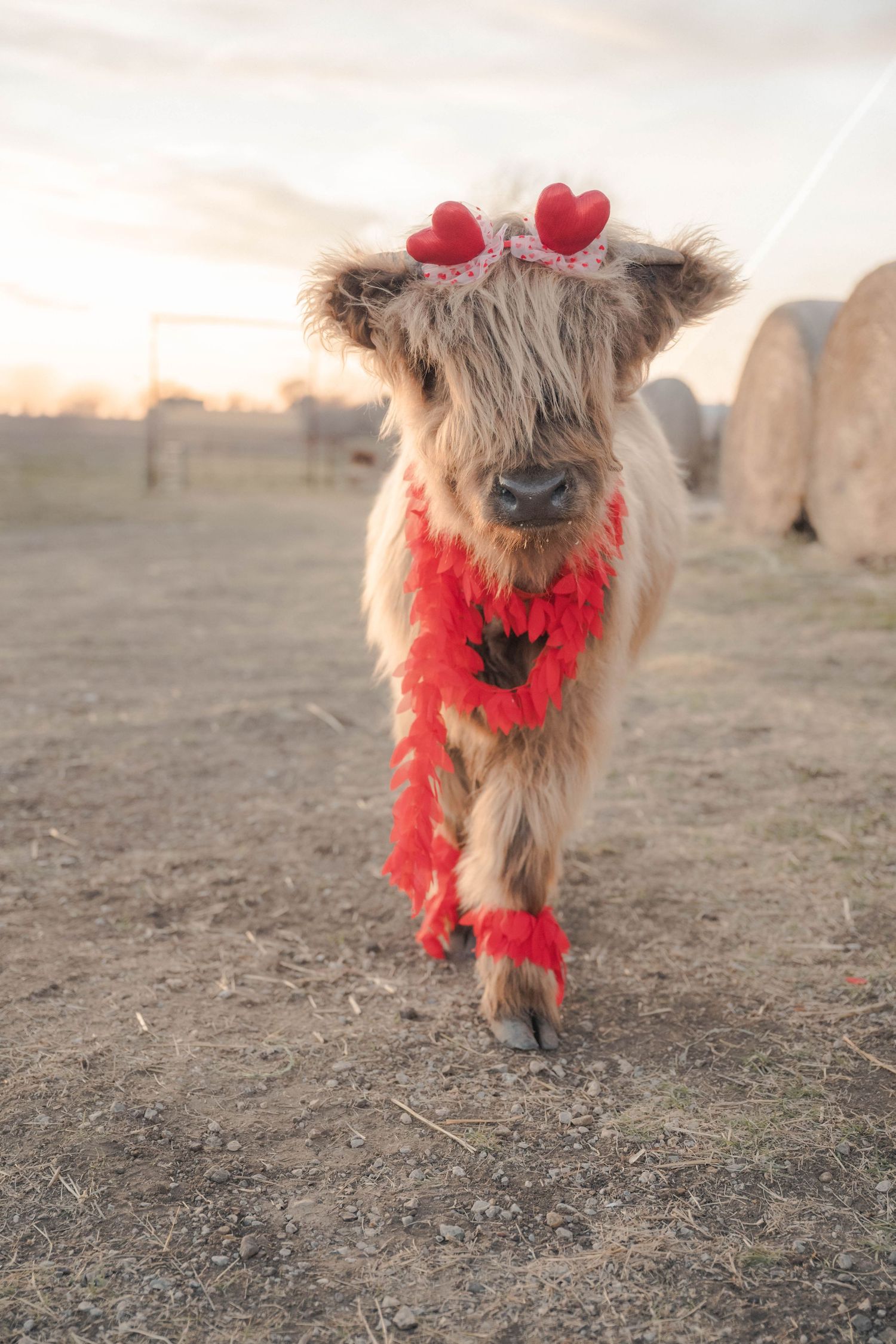 Small scruffy baby highland cow  wearing red heart accessories and tulle skirt poses in series of photos at farm in Justin Tx