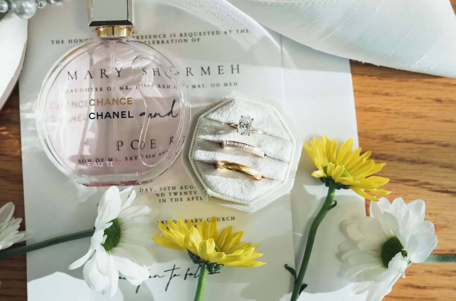 Wedding stationery details with floral decorations and perfume bottles.