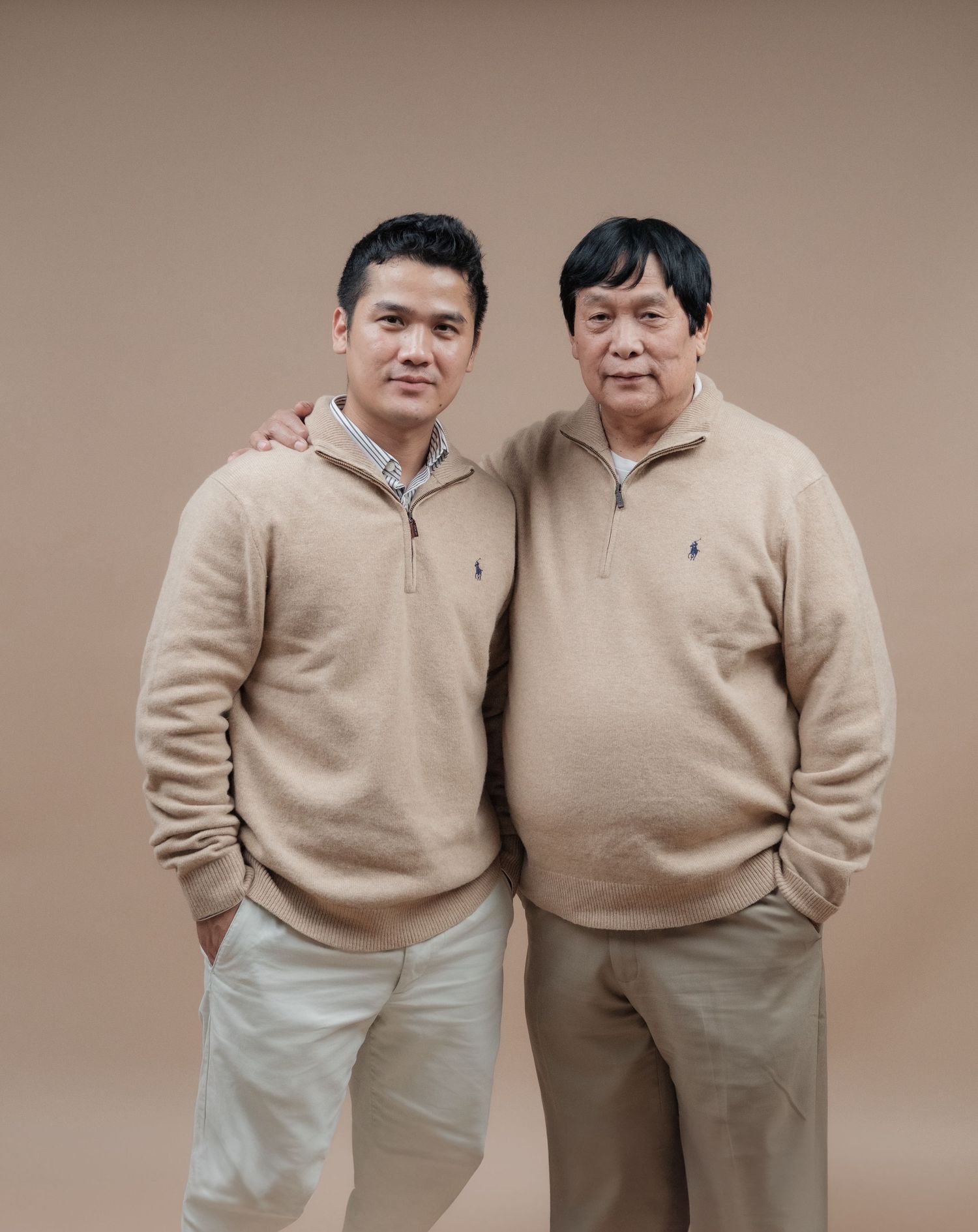 A family portrait series showing coordinated outfits in beige and cream tones against a neutral backdrop.