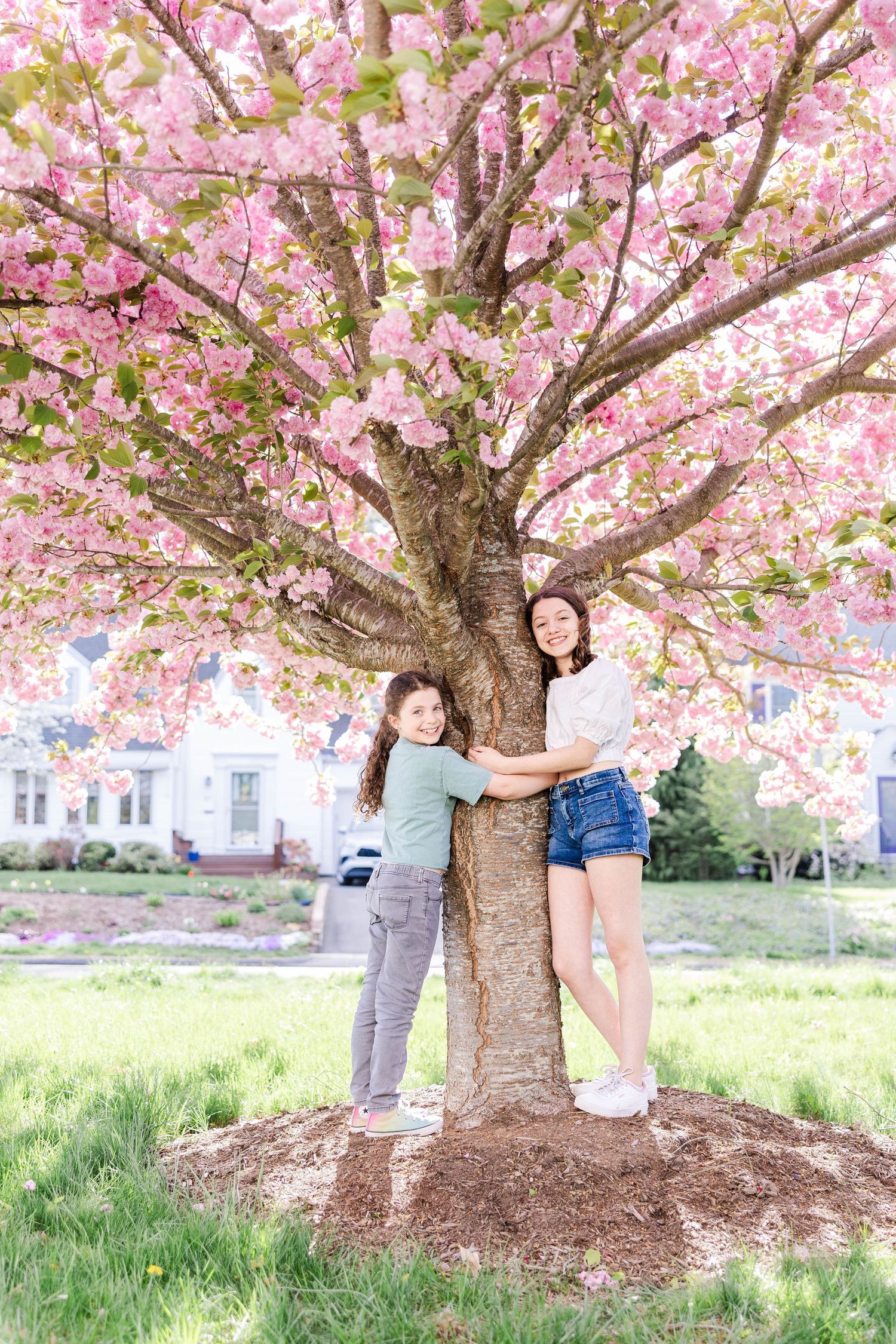 Two girls hugging a flowering tree during at at-home family session -- Minmo Photography