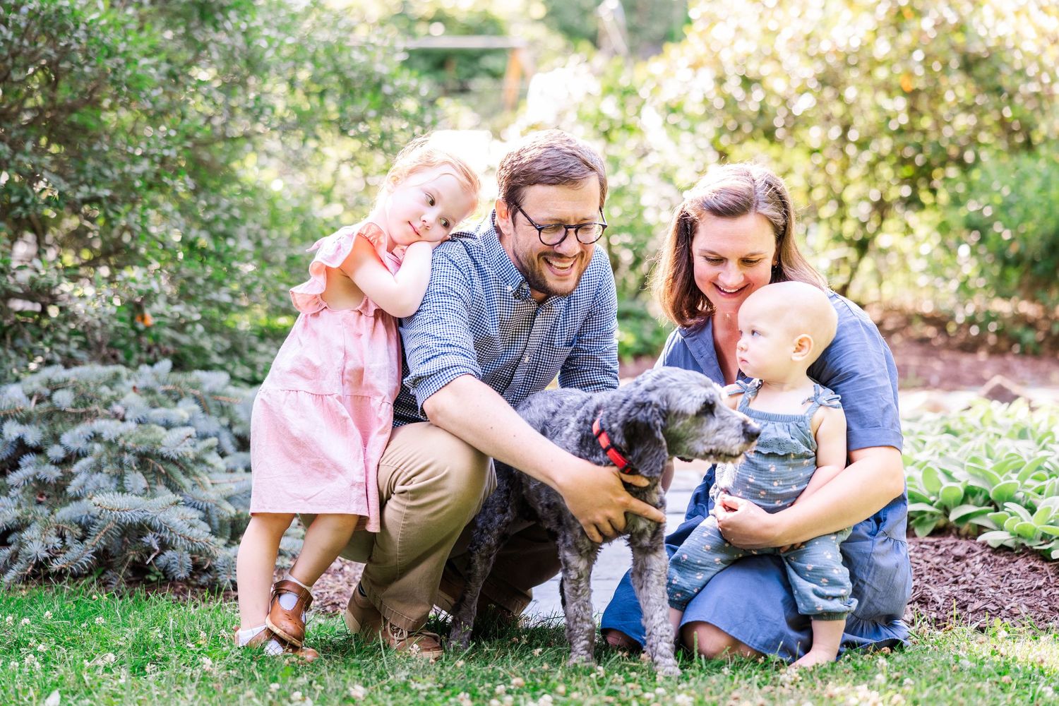 Family petting their dog during a golden hour Connecticut outdoor session — Minmo Photography