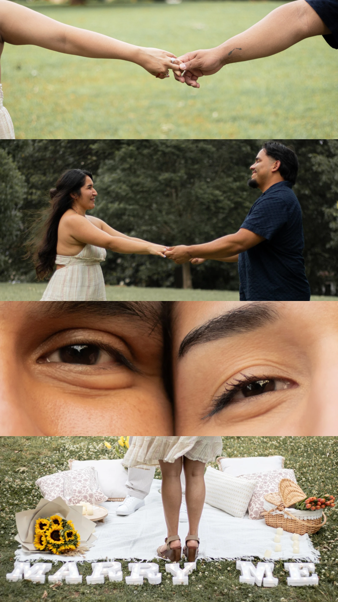 A couple holds hands in a park during a romantic marriage proposal, with sunflowers and a “Marry Me” sign on a white blanket.