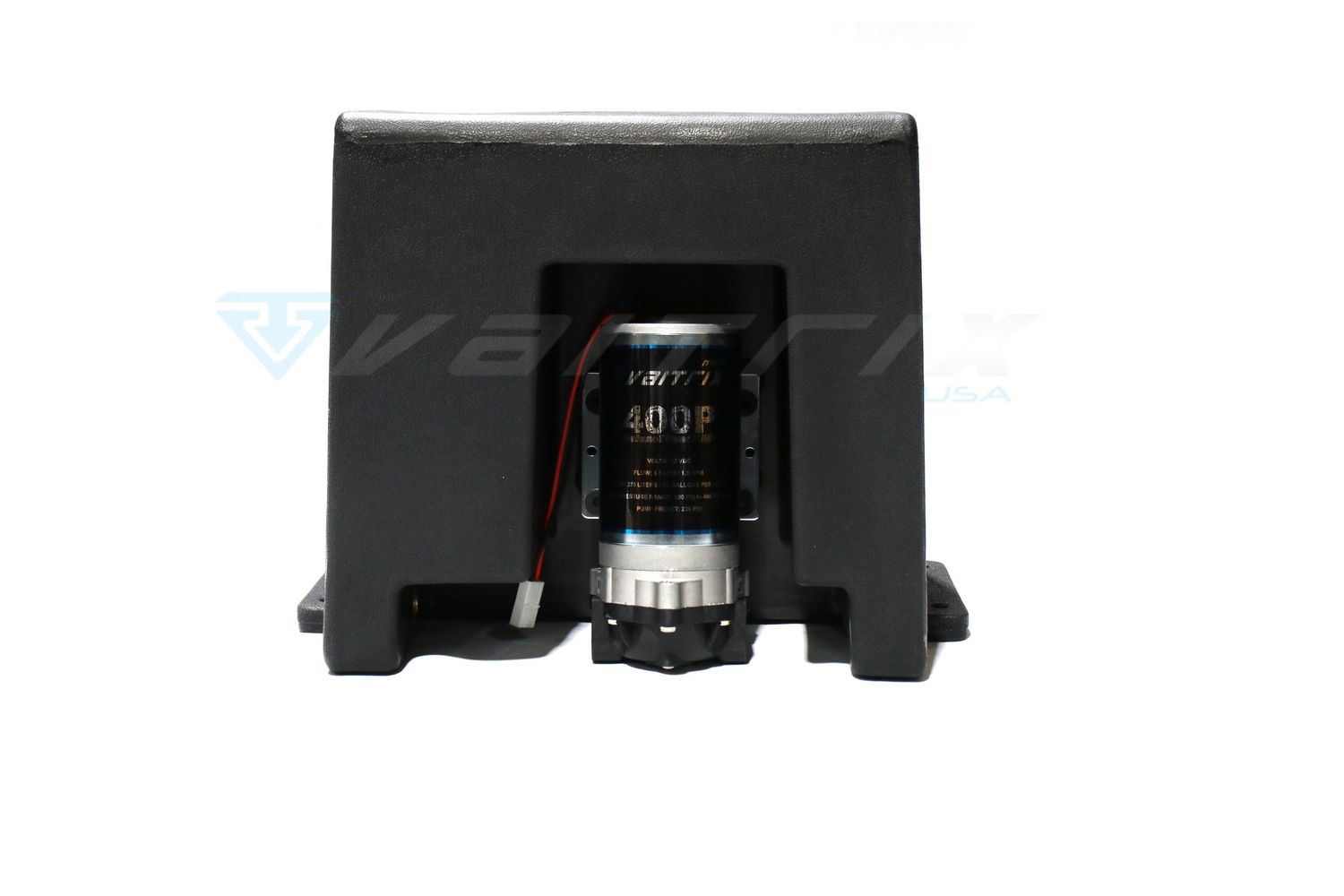 Black electronic component with capacitor mounted in plastic housing showing technical specifications.
