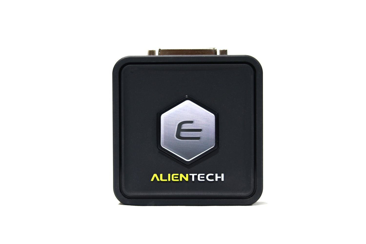 A collection of black electronic devices and tech accessories arranged in a row against a white background.