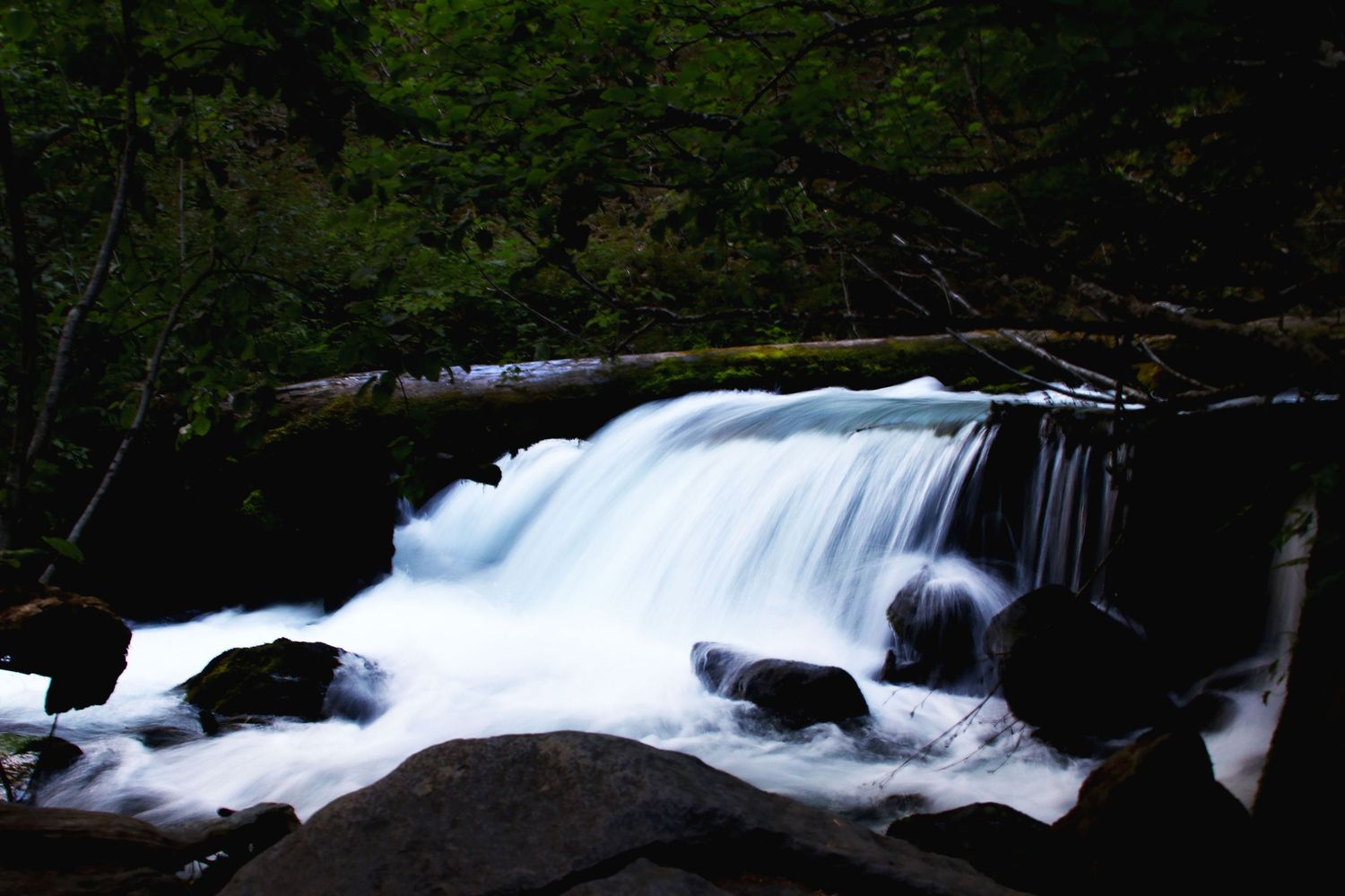 Long exposure of rushing waterfalls cascading over rocks in a forest setting.