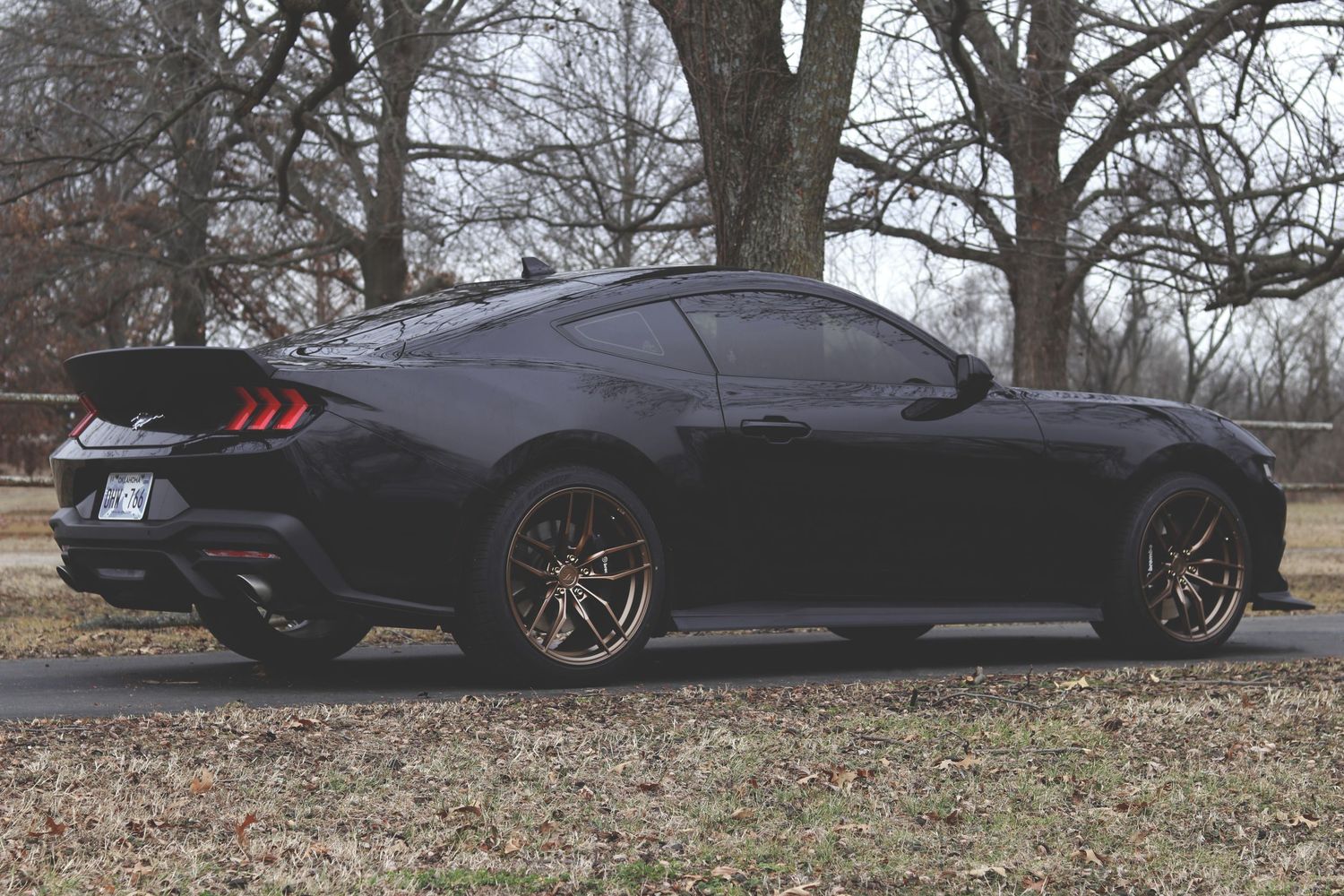 Black Ford Mustang with bronze wheels parked on a driveway surrounded by bare trees in winter.