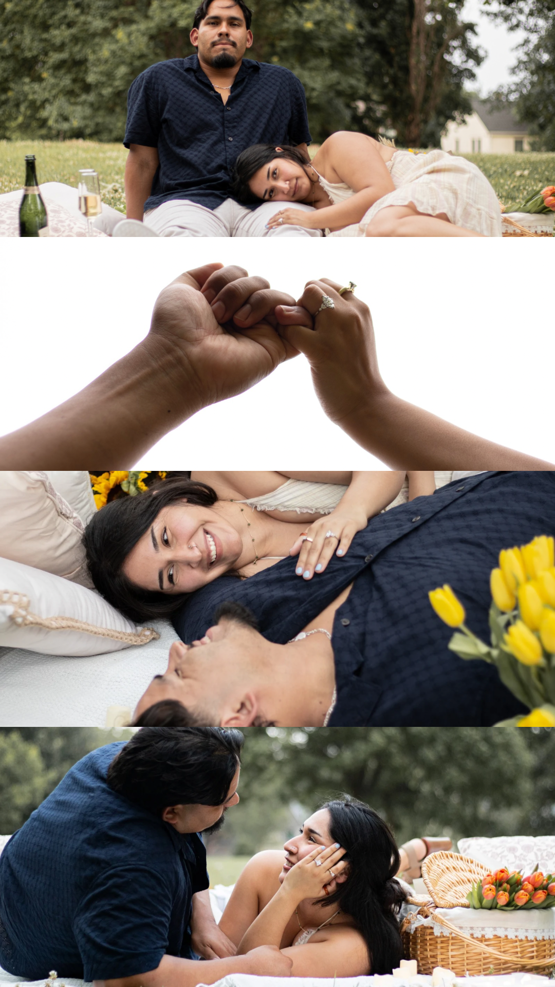 Couple enjoying a romantic outdoor picnic, holding hands, smiling, surrounded by flowers and champagne on a sunny day.