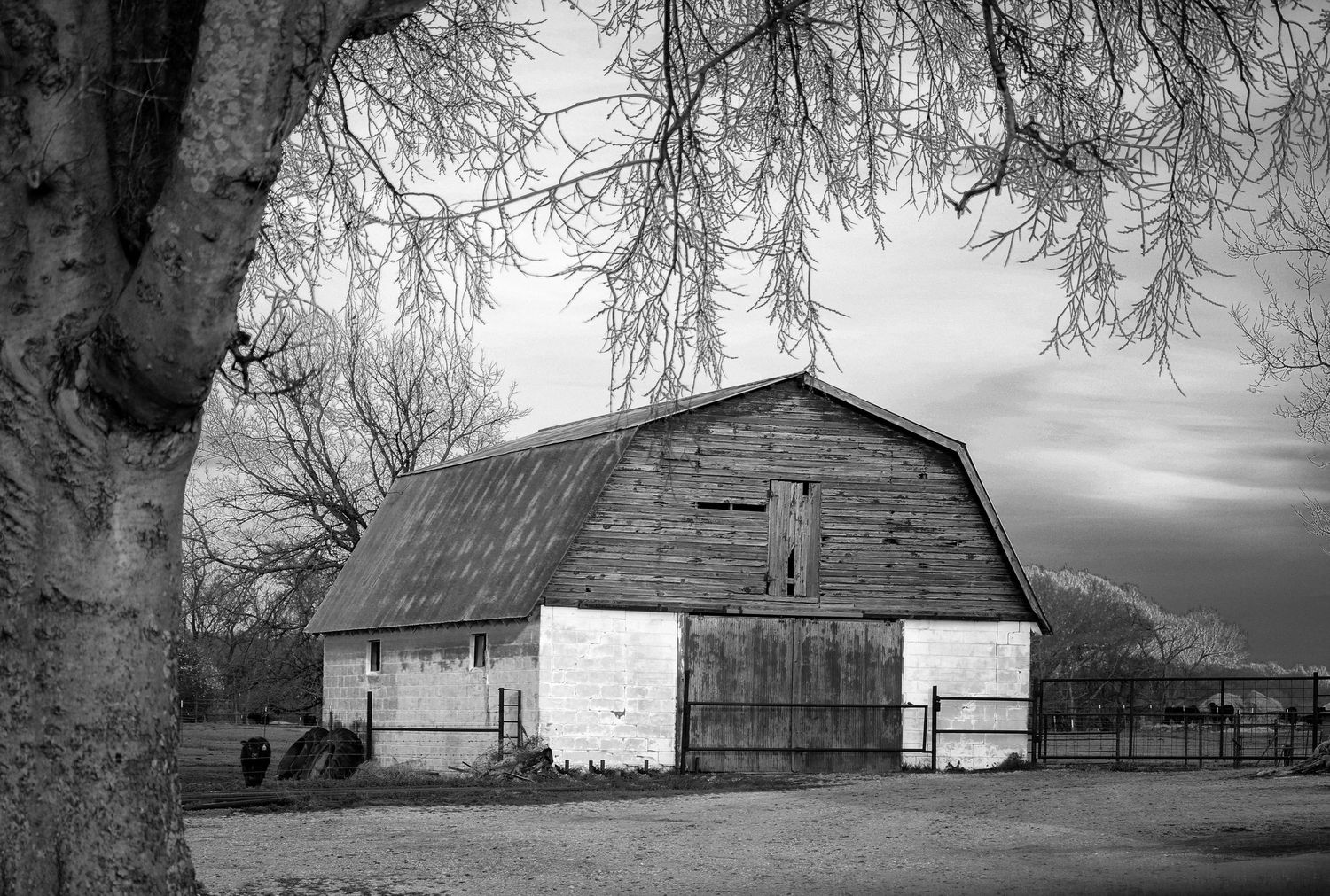 Black and white panorama of rural farm buildings and bare trees against cloudy sky.