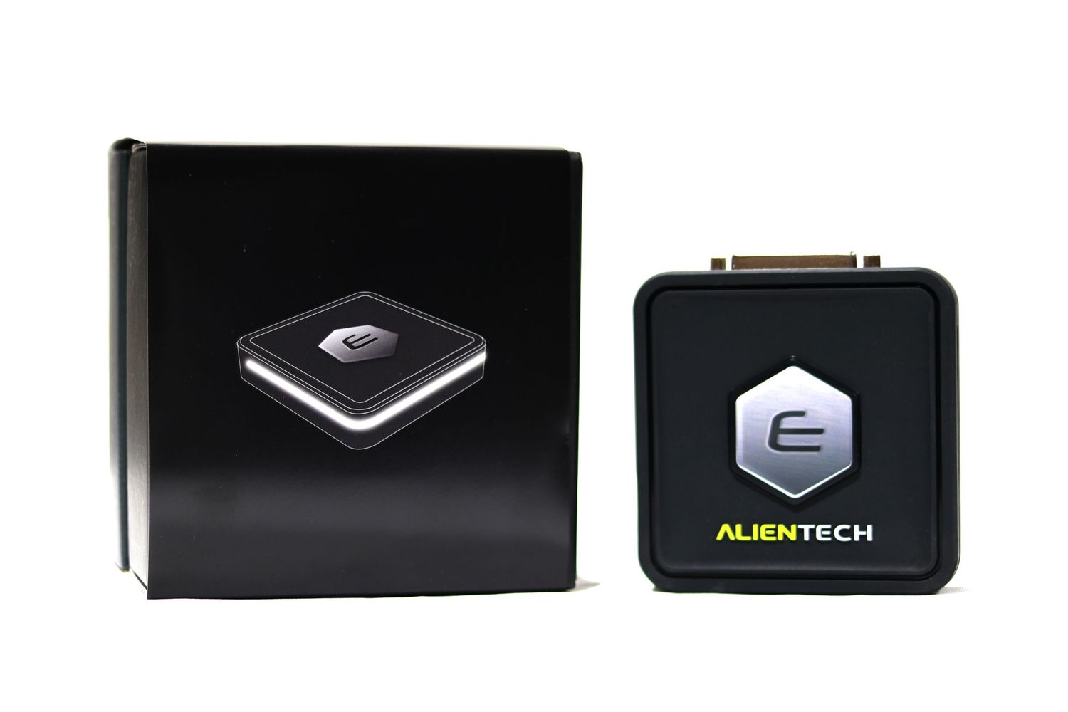 Multiple black electronic devices and gaming consoles arranged in a row showing different angles and branded logos.