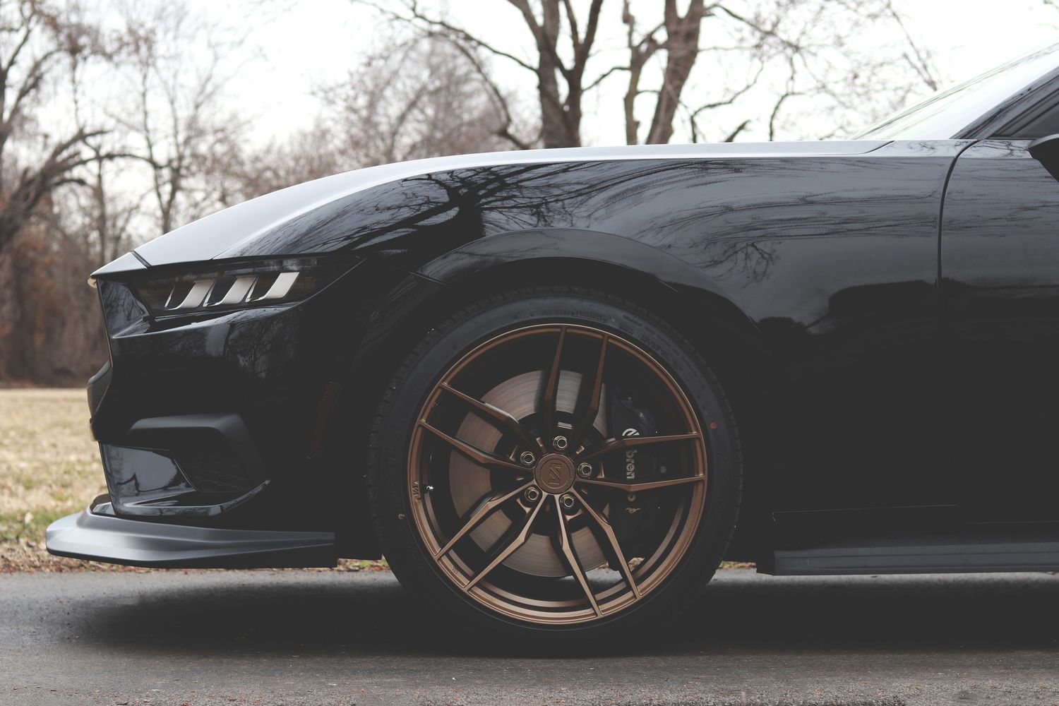 Black sports car with bronze alloy wheel and low-profile tire on pavement, trees in background.
