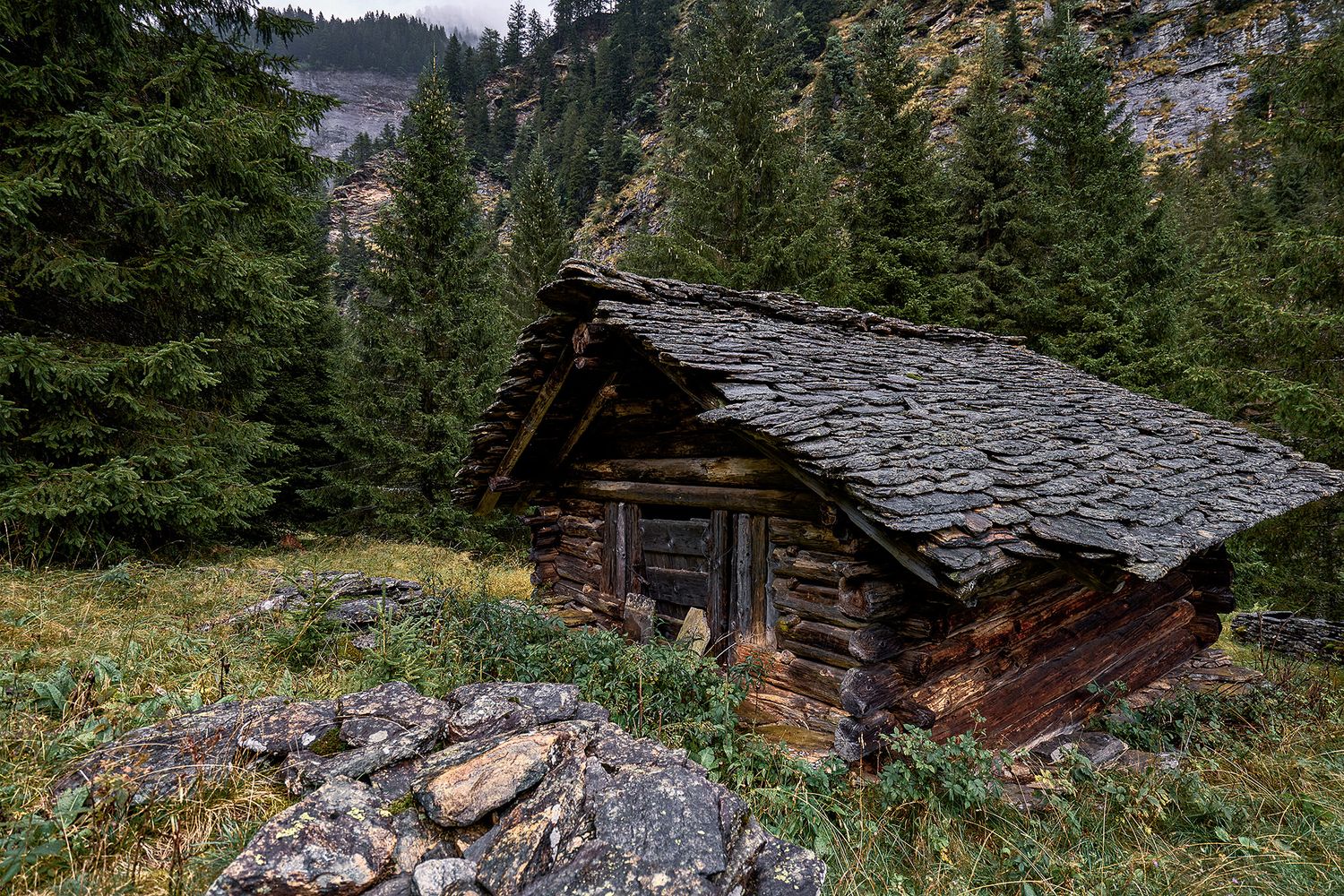Baita in legno a Val Bella (Val Calanca), inserita nel contesto boschivo alpino, documentazione stato territoriale febbraio 2026.