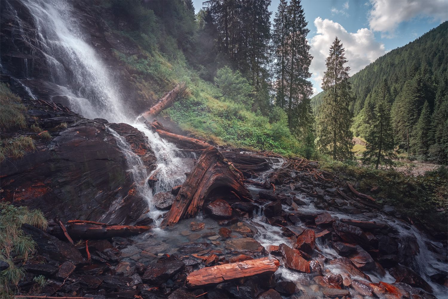 Documentazione fotografica dell’area di Val Bella nel Parco Val Calanca. Cascata e torrente alpino con alberi e tronchi trasportati
