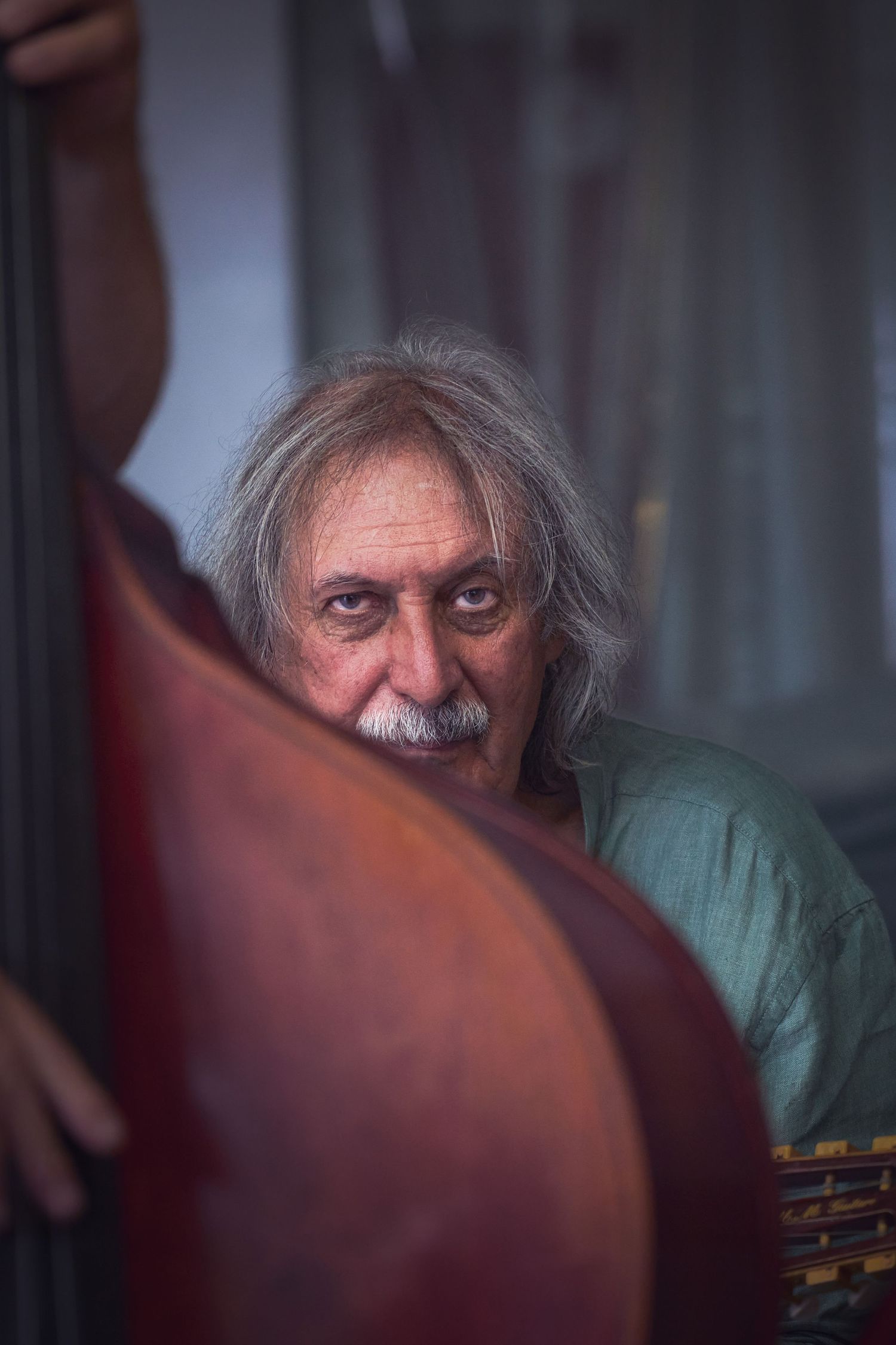 «Musicista jazz in ritratto ravvicinato, sguardo intenso dietro il profilo del contrabbasso, in una scena raccolta e naturale.»