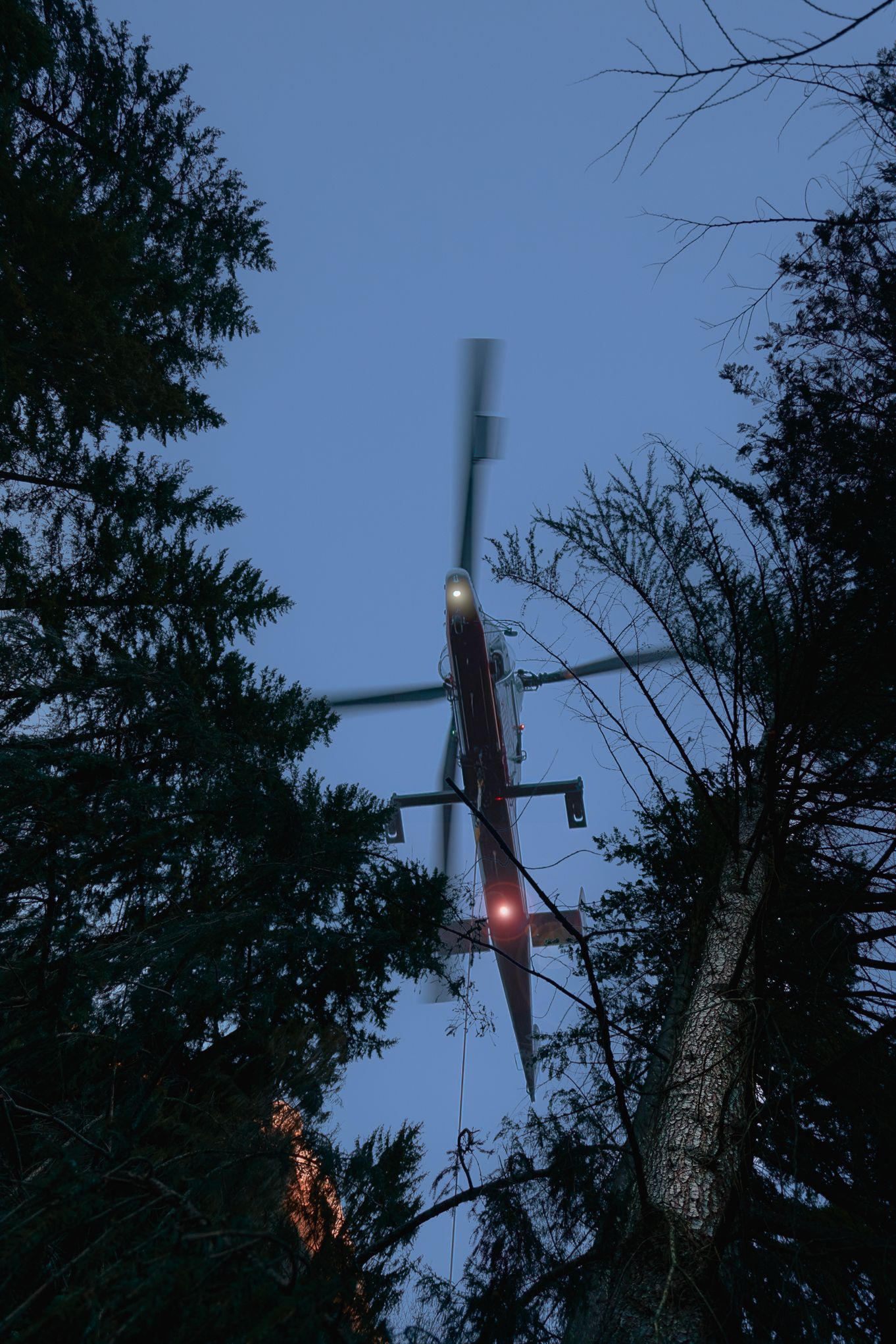 Fotografia dal basso di elicottero Kaman durante operazioni di lavoro aereo
